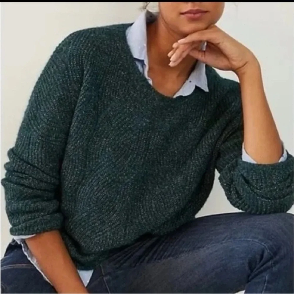 Anthropologie | Keely Fisherman Cable Knit‎ Pointelle Marled Green Sweater XS